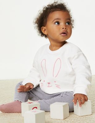 M&S Girls 2pc Cotton Rich Jersey Bunny Outfit (0-3 Yrs) - 3-6 M - Cream Mix, Cream Mix
