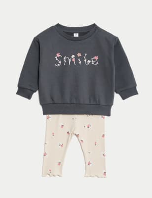 2pc Cotton Rich Floral Smile Slogan Outfit (0-3 Yrs)
