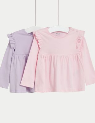 M&S Girl's 2pk Pure Cotton Tops (0-3 Yrs) - 0-3 M - Pink Mix, Pink Mix