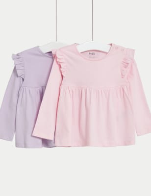 M&S Girls 2pk Pure Cotton Tops (0-3 Yrs) - 0-3 M - Pink Mix, Pink Mix