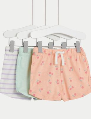 M&S Girl's 3pk Pure Cotton Elasticated Waist Shorts (0-3 Yrs) - 3-6 M - Multi, Multi