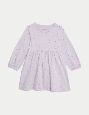 M&S Girls Pure Cotton Dash Print Dress (0-3 Yrs) - 6-9 M - Lilac Mix, Lilac Mix