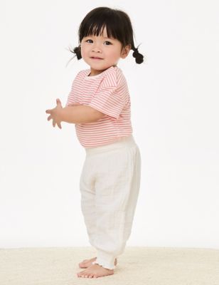 M&S Girls Pure Cotton Elasticated Waist Trousers (0-3 Yrs) - 0-3 M - Cream, Cream,Coral