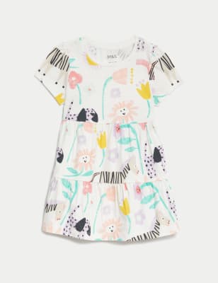 M&S Girl's Pure Cotton Animal Print Dress (0-3 Yrs) - 3-6 M - Ivory Mix, Ivory Mix