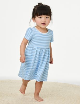 M&S Girl's Pure Cotton Striped Dress (0-3 Yrs) - 3-6 M - Blue Mix, Blue Mix