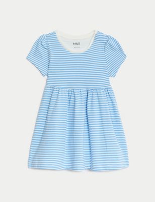 M&S Girls Pure Cotton Striped Dress (0-3 Yrs) - 3-6 M - Blue Mix, Blue Mix