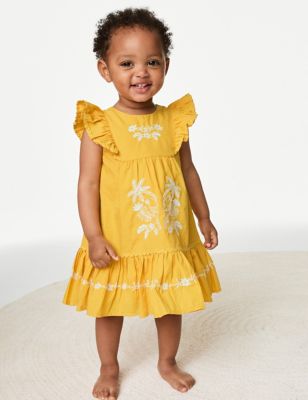 M&S Girl's Pure Cotton Parrot Applique Dress (0-3 Yrs) - 3-6 M - Ochre, Ochre