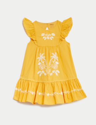 M&S Girls Pure Cotton Parrot Applique Dress (0-3 Yrs) - 9-12M - Ochre, Ochre