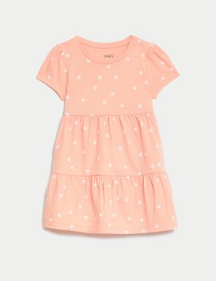 M&S Girl's Pure Cotton Spot Dress (0-3 Yrs) - 0-3 M - Coral Mix, Coral Mix