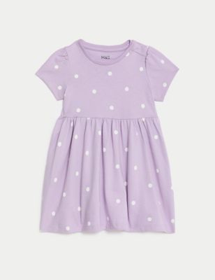 M&S Girls Pure Cotton Spotted Dress (0-3 Yrs) - 3-6 M - Lilac, Lilac