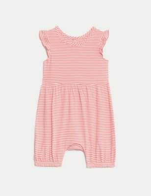 M&S Girl's Pure Cotton Striped Romper (0-3 Yrs) - 0-3 M - Coral Mix, Coral Mix