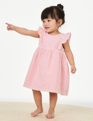 M&S Girl's Pure Cotton Striped Dress (0-3 Yrs) - 0-3 M - Pink Mix, Pink Mix