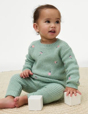 

M&S Collection 2-teiliges besticktes Outfit aus Baumwollmischgewebe (0-3 Jahre) - Green Mix, Green Mix
