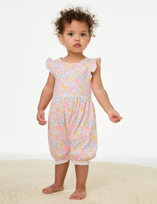 M&S Girl's Pure Cotton Ditsy Floral Romper (0-3 Yrs) - 3-6 M - Blue Mix, Blue Mix