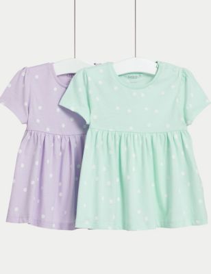 M&S Girl's 2pk Pure Cotton Spotted Tops (0-3 Yrs) - 3-6 M - Multi, Multi