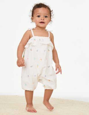 M&S Girl's Pure Cotton Fruit Romper (0-3 Yrs) - 0-3 M - Ivory, Ivory