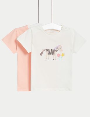 M&S Girl's 2pk Pure Cotton Print T-Shirts (0-3 Yrs) - 0-3 M - Multi, Multi