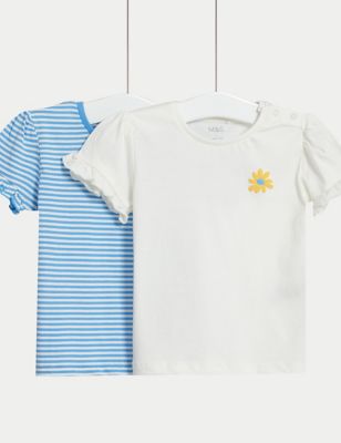 M&S Girl's 2pk Pure Cotton Striped & Floral T-Shirts (0-3 Yrs) - 3-6 M - Multi, Multi