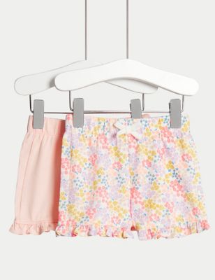 M&S Girl's 2pk Pure Cotton Plain & Floral Shorts (0-3 Yrs) - 0-3 M - Multi, Multi