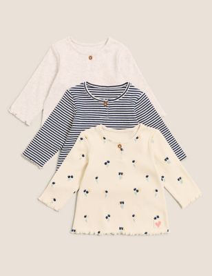 M&S Girls 3pk Cotton Rich Patterned Tops (0-3 Yrs)
