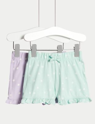 M&S Girls 2pk Pure Cotton Spotted Frill Shorts (0-3 Yrs) - 3-6 M - Multi, Multi