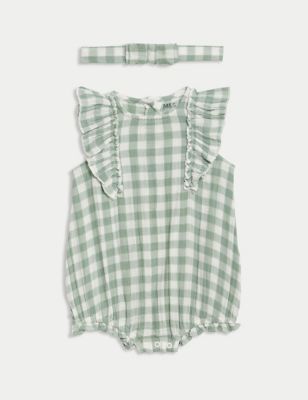 M&S Girls 2pc Pure Cotton Gingham Romper (0-3 Yrs) - 0-3 M - Green Mix, Green Mix