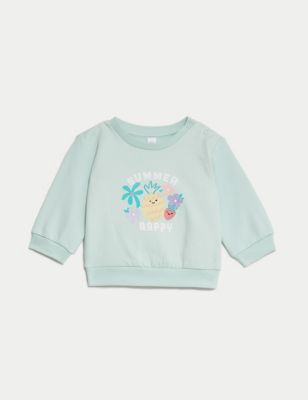 M&S Girl's Cotton Rich Slogan Sweatshirt (0-3 Yrs) - 0-3 M - Aqua, Aqua