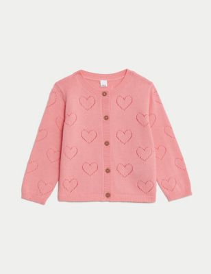 M&S Girls Pure Cotton Knitted Cardigan (0-3 Yrs) - 3-6 M - Pink, Pink,Lilac,Green,Yellow,Blue