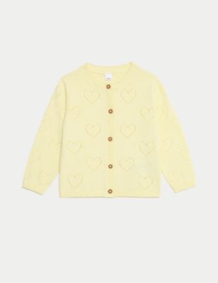 M&S Girls Pure Cotton Knitted Cardigan (0-3 Yrs) - 0-3 M - Yellow, Yellow,Green,Blue,Ivory,Pink,Lila