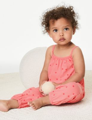 M&S Girl's Pure Cotton Spot Romper (0-3 Yrs) - 6-9 M - Pink, Pink