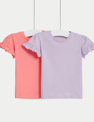 M&S Girls 2pk Pure Cotton Frill T-Shirts (0-3 Yrs) - 3-6 M - Pink Mix, Pink Mix
