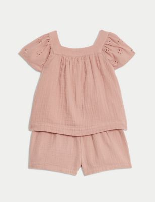 M&S Girls 2pc Pure Cotton Top & Bottom Outfit (0-3 Yrs) - 3-6 M - Pink, Pink,Lilac
