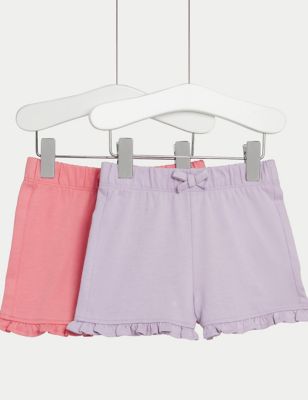 M&S Girls 2pk Pure Cotton Frill Shorts (0-3 Yrs) - 3-6 M - Pink Mix, Pink Mix