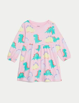 M&S Girls Pure Cotton Dino Print Dress (0-3 Yrs) - 3-6 M - Pink Mix, Pink Mix