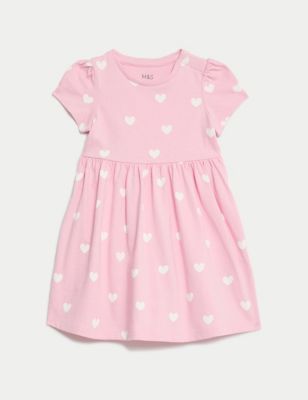 M&S Girl's Pure Cotton Heart Print Dress (0-3 Yrs) - 3-6 M - Pink Mix, Pink Mix