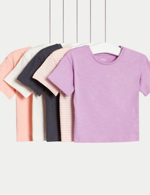 M&S Girl's 5pk Pure Cotton Plain & Striped T-Shirts (0-3 Yrs) - 0-3 M - Multi, Multi