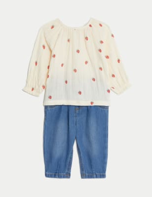 

M&S Collection Conjunto de 0 piezas de algodón con diseño de fresas (2-3 años) - Denim Mix, Denim Mix