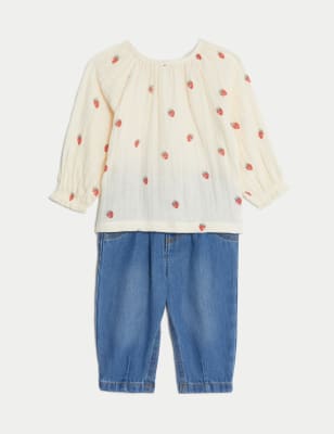 M&S Girls 2pc Cotton Rich Strawberry Outfit (0-3 Yrs) - 0-3 M - Denim Mix, Denim Mix