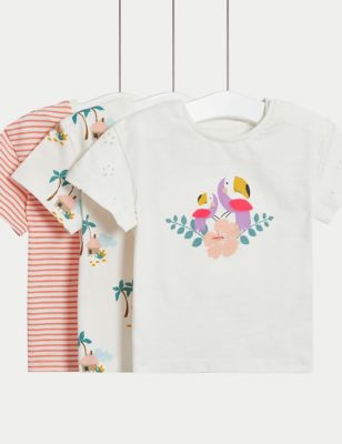 M&S Girl's 3pk Pure Cotton Tropical Print T-Shirts (0-3 Yrs) - 0-3 M - Cream Mix, Cream Mix