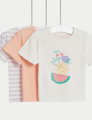 M&S Girl's 3pk Pure Cotton Patterned T-Shirts (0-3 Yrs) - 0-3 M - Multi, Multi