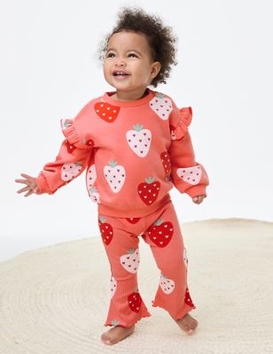 M&S Girls 2pc Cotton Rich Strawberry Outfit (0-3 Yrs) - 3-6 M - Coral Mix, Coral Mix