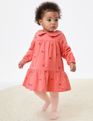 M&S Girls Cotton Rich Strawberry Dress with Tights (0-3 Yrs) - 0-3 M - Bright Coral, Bright Coral