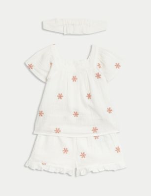 M&S Girls 3pc Pure Cotton Floral Outfit (0-3 Yrs) - 3-6 M - Cream Mix, Cream Mix