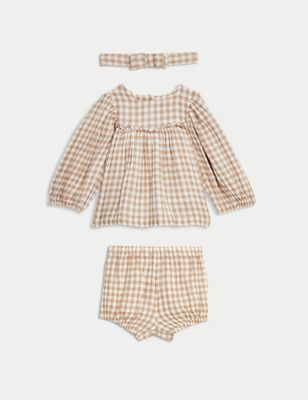 M&S Girls 3pc Pure Cotton Gingham Outfit (0-3 Yrs) - 0-3 M - Brown Mix, Brown Mix