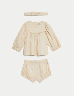 M&S Girl's 3pc Cotton Rich Outfit (0-3 Yrs) - 0-3 M - Neutral, Neutral