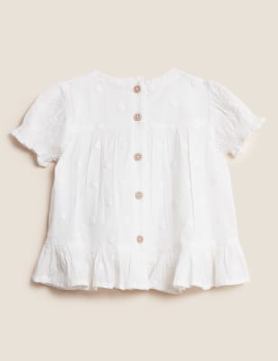 

M&S Collection Top con cuello con volante de topos 100% algodón (0-3 años) - Eco White, Eco White