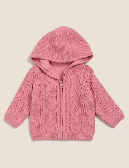 Pure Cotton Hooded Cable Knit Cardigan (0-3 Yrs)