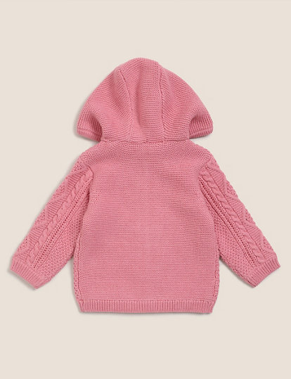 Pure Cotton Hooded Cable Knit Cardigan (0-3 Yrs)