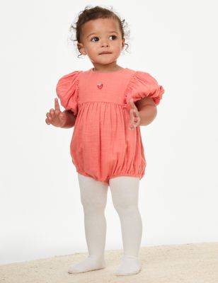 M&S Girls 2pk Cotton Rich Strawberry Romper Outfit (0-3 Yrs) - 3-6 M - Bright Coral, Bright Coral