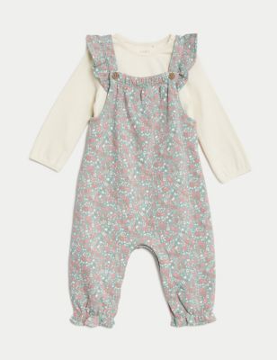 M&S Girls 2pc Cotton Rich Ditsy Floral Dungaree Outfit (1-3 Yrs) - 3-6 M - Willow, Willow